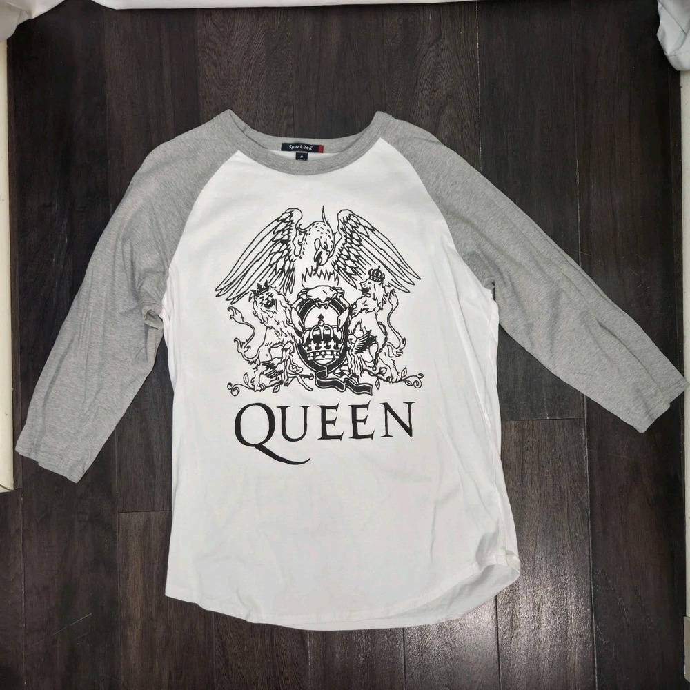 Queen Raglan 3/4 Sleeve Rock & Roll Band Graphic T Shirt Mens Medium White/Gray